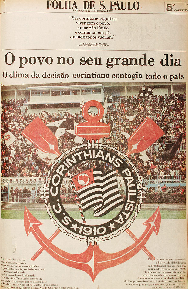 Capa da Folha de 5 de dezembro de 1976 sobre o jogo entre Corinthians e Fluminense no Maracan;a partida ficou conhecida como a 