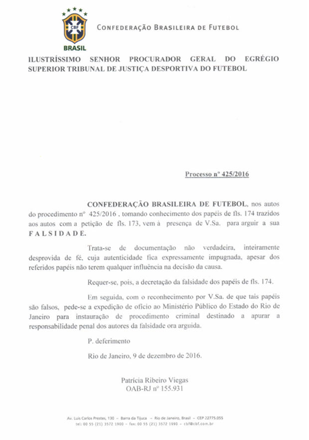 CBF denuncia Inter por falsificao de documento envia arguio ao STJD 