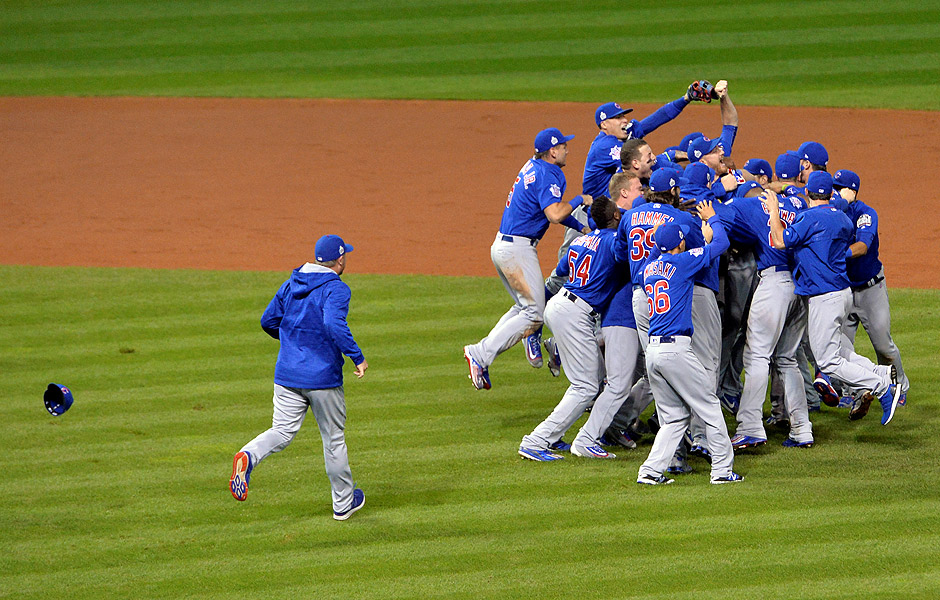 Nov 2, 2016; Cleveland, OH, USA; Chicago Cubs players celebrate on the field after defeating the Cleveland Indians in game seven of the 2016 World Series at Progressive Field. Mandatory Credit: David Richard-USA TODAY Sports TPX IMAGES OF THE DAY ORG XMIT: USATSI-348588