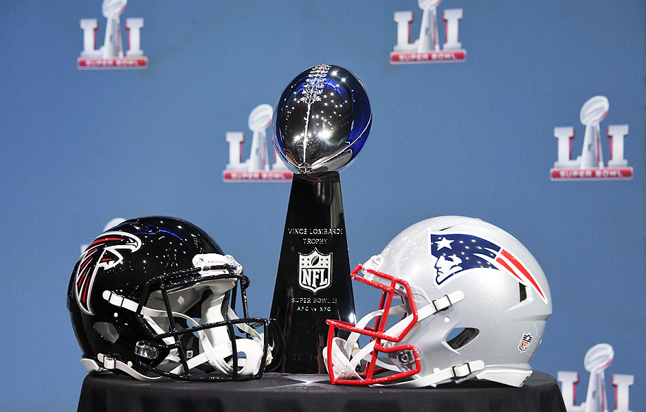 Feb 1, 2017; Houston, TX, USA; A general view of the Atlanta Falcons and New England Patriots next to the Vince Lombardi Trophy prior to a press conference in preparation for Super Bowl LI at George R. Brown Convention Center. Mandatory Credit: Kirby Lee-USA TODAY Sports ORG XMIT: USATSI-357214