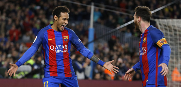 Barcelona's Neymar, left, celebrates with teammate Lionel Messi after scoring their side's second goal against Celta during a Spanish La Liga soccer match between Barcelona and Celta at the Camp Nou stadium in Barcelona, Saturday, March 4, 2017. (AP Photo/Francisco Seco) ORG XMIT: FS107