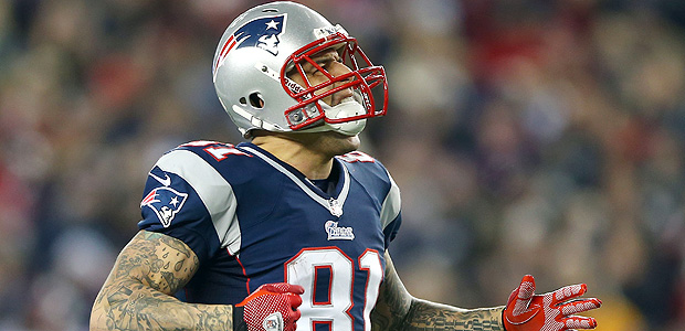(FILES) This file photo taken on January 12, 2013 shows Aaron Hernandez #81 of the New England Patriots reacting after a catch in the third quarter against the Houston Texans during the 2013 AFC Divisional Playoffs game at Gillette Stadium in Foxboro, Massachusetts. Former American football star Aaron Hernandez on April 19, 2017 was found dead in prison where he was serving a life sentence for murder, after hanging himself with a bedsheet, prison officials said. Hernandez, 27, was discovered hanging in his cell by corrections officers in Shirley, Massachusetts at approximately 3:05 am (0705 GMT) Wednesday, Christopher Fallon with the Massachusetts Department of Correction said.