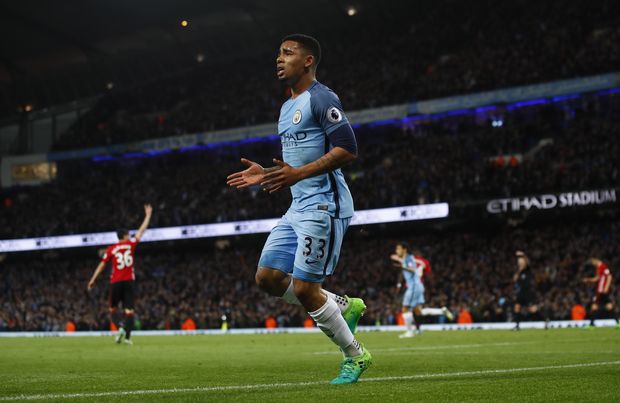 Britain Soccer Football - Manchester City v Manchester United - Premier League - Etihad Stadium - 27/4/17 Manchester City's Gabriel Jesus reacts after having a goal disallowed Action Images via Reuters / Jason Cairnduff Livepic EDITORIAL USE ONLY. No use with unauthorized audio, video, data, fixture lists, club/league logos or "live" services. Online in-match use limited to 45 images, no video emulation. No use in betting, games or single club/league/player publications. Please contact your account representative for further details. ORG XMIT: UK02oU