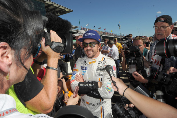 May 21, 2017; Indianapolis, IN, USA; Fernando Alonso waits to see if his qualification run is good enough for the pole during qualifying for the 101st Running of the Indianapolis 500 at Indianapolis Motor Speedway. Mandatory Credit: Thomas J. Russo-USA TODAY Sports ORG XMIT: USATSI-359350