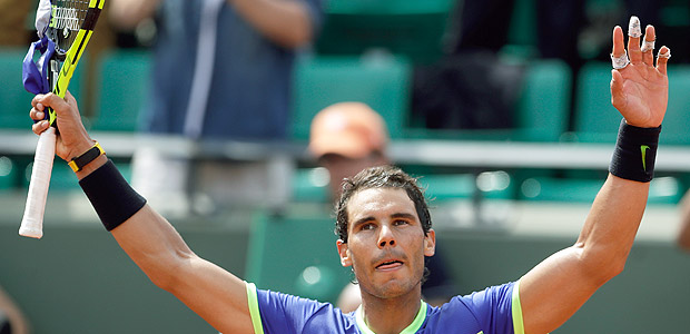 Spain's Rafael Nadal celebrates after defeating France's Benoit Paire during their first round match of the French Open tennis tournament at the Roland Garros stadium, Monday, May 29, 2017 in Paris. Nadal won 6-1, 6-4, 6-1. (AP Photo/Petr David Josek) ORG XMIT: ROG196