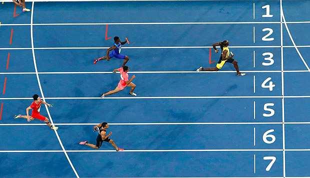 Usain Bolt na final dos 100 m rasos dos Jogos Olmpicos do Rio