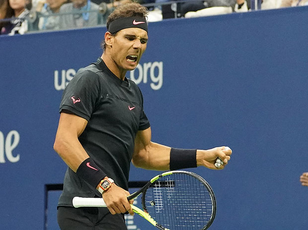 Sept 8, 2017; New York, NY, USA; Rafael Nadal of Spain celebrates a winner against Juan Martin del Potro of Argentina (not pictured) in Ashe Stadium at the USTA Billie Jean King National Tennis Center. Mandatory Credit: Robert Deutsch-USA TODAY Sports