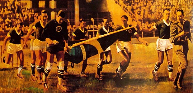 Jogadores do Palmeiras, liderados pelo militar Adalberto Mendes, carregam bandeira do Brasil