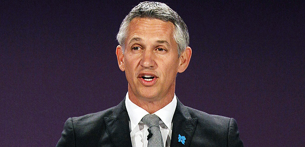 FILE- In this Tuesday, April 24, 2012, file photo, former Engalnd soccer player Gary Lineker speaks ahead of the draw for the London 2012 Olympic Soccer tournament, at Wembley Stadium in London. FIFA has announced Friday Nov. 17, 2017, that Lineker and Russian sports journalist Maria Komandnaya will jointly present the World Cup draw in Moscow on Dec. 1. (AP Photo/Kirsty Wigglesworth, FILE) ORG XMIT: LON103