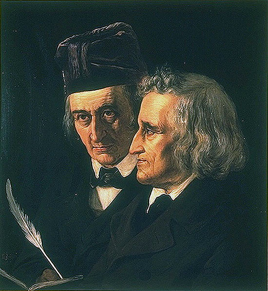 Jacob ( dir.) e Wilhelm Grimm (esq.) em uma pintura feita em 1855 e que est exposta no conjunto de museus estatais de Berlim