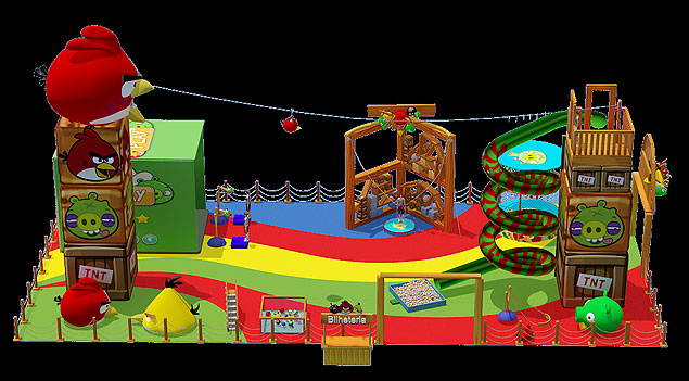 Projeto do parque Angry Birds que ter tirolesa, tobog e parede de escalada 
