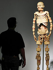 Montador de exposio observa um corpo humano morto preservado