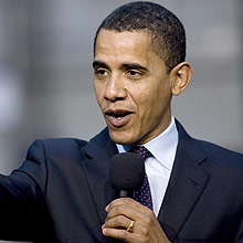 Democratic president hopeful Sen. Barack Obama, D-Ill., makes remarks during a campaign stop at a Gamesa plant, Tuesday, March 11, 2008, in Fairless Hills, Pa. (AP Photo/Matt Rourke)