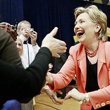 Democratic presidential hopeful, Sen. Hillary Rodham Clinton, D-N.Y., campaigns at Ben Davis High School in Indianapolis, Saturday, March 29, 2008. (AP Photo/Charles Dharapak)