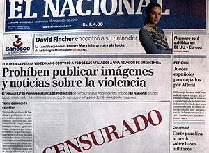 Jornal venezuelano "El Nacional", crtico do governo Chvez, traz foto em branco e a palavar censurado em protesto  medida
