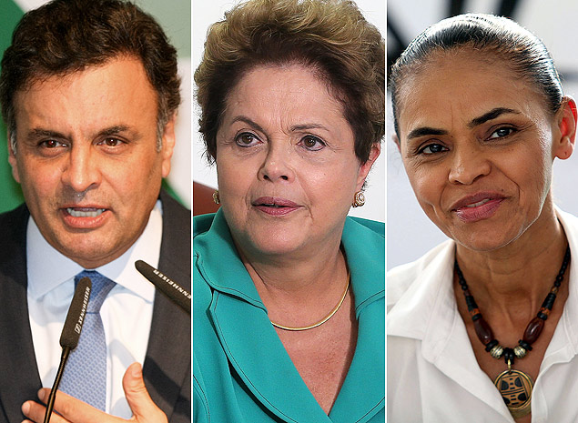 Acio Neves (PSDB), Dilma Rousseff (PT) e Marina Silva (PSB) disputam a corrida presidencial