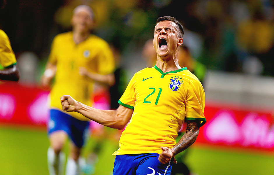 Philippe Coutinho comemora o primeiro gol do Brasil no jogo amistoso entre Brasil e Mxico no estdio Allianz Parque