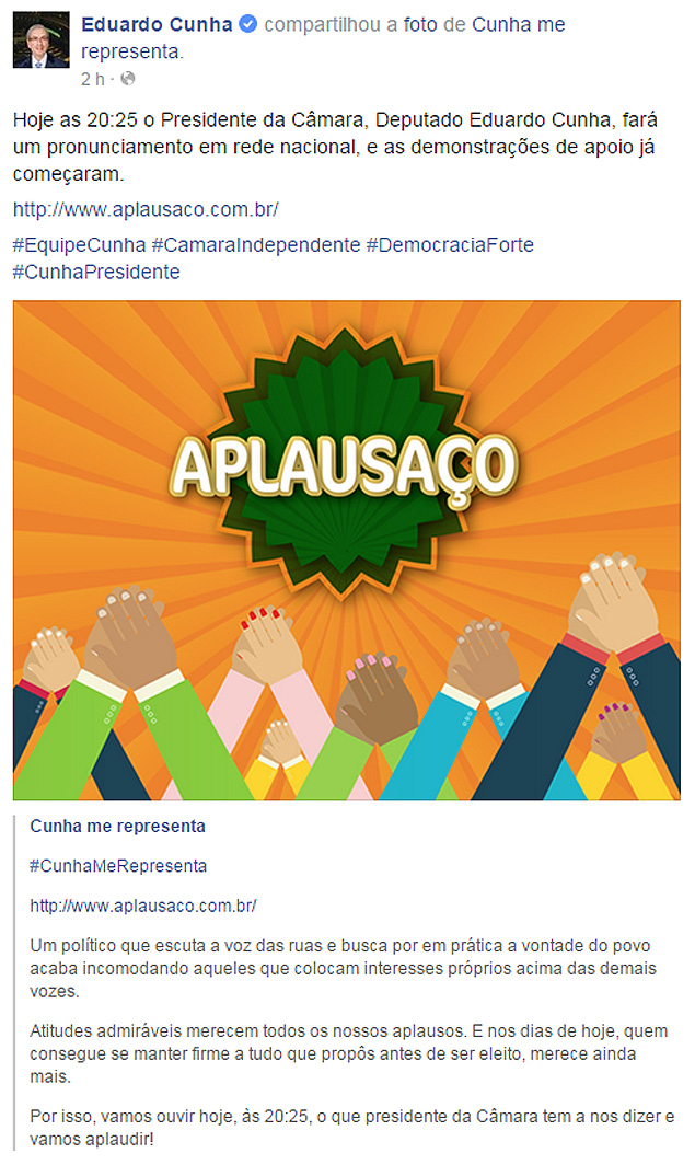 No Facebook, Cunha convocou "aplausao" em apoio a seu pronunciamento na TV