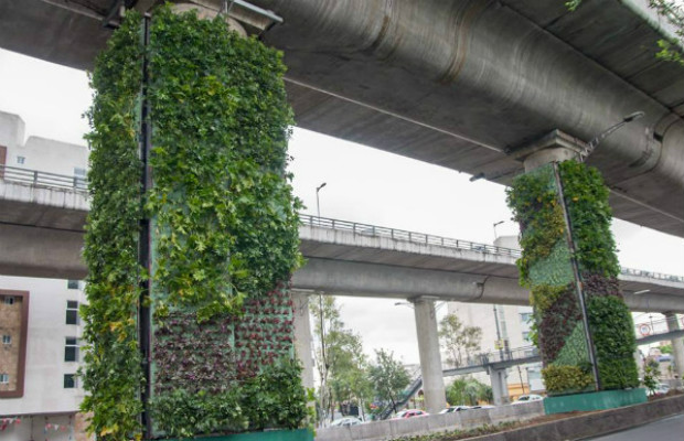 Colunas do elevado Perifrico, na Cidade do Mxico, com as paredes verdes recm instaladas do projeto ViaVerde