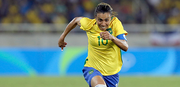 Brazil's Marta controls the ball during a group E match of the women's Olympic football tournament between Sweden and Brazil at the Rio Olympic Stadium in Rio De Janeiro, Brazil, Saturday, Aug. 6, 2016. (AP Photo/Leo Correa) ORG XMIT: XLC151