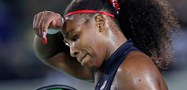Serena Williams, of the United States, reacts during her loss to Elina Svitolina, of Ukraine, at the 2016 Summer Olympics in Rio de Janeiro, Brazil, Tuesday, Aug. 9, 2016. (AP Photo/Charles Krupa) ORG XMIT: OKRU154