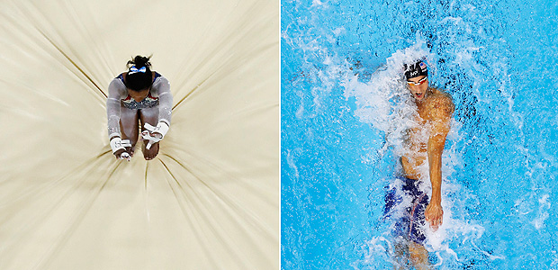 Os americanos Simone Biles, que se apresenta no solo, e Michael Phelps, na prova de costas 