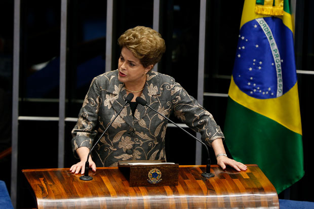 A presidente afastada Dilma Rousseff faz sua defesa na sesso para votao do julgamento final do processo de impeachment, no plenrio do Senado