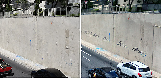 SAO PAULO/SP BRASIL. 24/01/2017 - Grafites apagados na av 23 de maio (foto: Zanone Fraissat/FOLHAPRESS, COTIDIANO)***EXCLUSIVO***Pichadores atacaram e picharam de ponta a ponta o nome do prefeiro DORIA em um muro da avenida vinte e tres de maio nesta terca feira (24). SO PAULO - SP 24/01/2017 MARCELO S. CAMARGO/FRAMEPHOTO *** PARCEIRO FOLHAPRESS - FOTO COM CUSTO EXTRA E CRDITOS OBRIGATRIOS ***