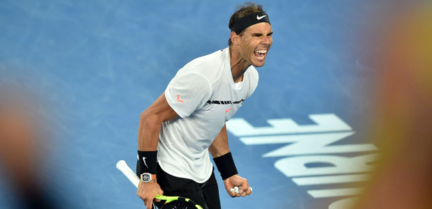 Rafael Nadal celebra ponto ganho contra o Grigor Dimitrov na semifinal do Aberto da Austrlia de tnis
