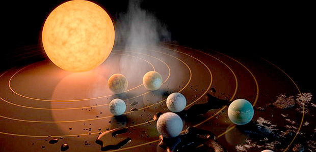 O sistema planetário Trappist-1, com sete planetas