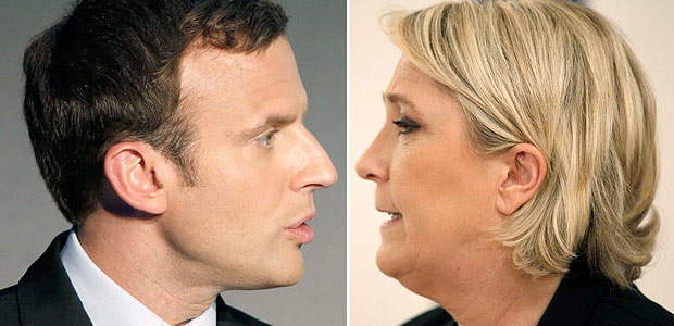 Os candidatos Emmanuel Macron e Marine Le Pen, que disputaro o segundo turno na Frana