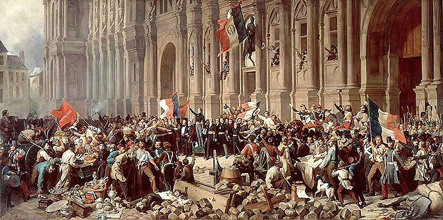 O poeta e lder poltico da Segunda Repblica francesa Alphonse de Lamartine (1790-1869) rejeita a bandeira vermelha nas turbulncias de 1848, na pintura de Henri Felix Philippoteaux (1815-1884) 