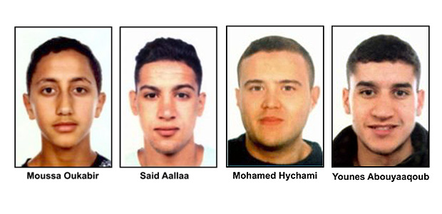 A combo of handout images released by the Catalan regional police "Mossos D'Esquadra" on August 18, 2017 shows four suspects of the Barcelona and Cambrils attacks, (from top L) Moussa Oukabir, Said Aalla, Mohamed Hychami and Younes Abouyaaqoub. Drivers have ploughed on August 17, 2017 into pedestrians in two quick-succession, separate attacks in Barcelona and another popular Spanish seaside city, leaving 14 people dead and injuring more than 100 others. Some eight hours later in Cambrils, a city 120 kilometres south of Barcelona, an Audi A3 car rammed into pedestrians, injuring six civilians -- one of them critical -- and a police officer, authorities said. / AFP PHOTO / MOSSOS D'ESQUADRA / - / RESTRICTED TO EDITORIAL USE - MANDATORY CREDIT "AFP PHOTO / MOSSOS D'ESQUADRA" - NO MARKETING NO ADVERTISING CAMPAIGNS - DISTRIBUTED AS A SERVICE TO CLIENTS