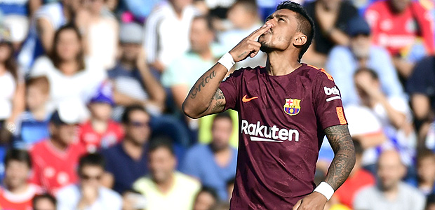 Barcelona's midfielder from Brazil Paulinho celebrates a goal during the Spanish league football match Getafe CF vs FC Barcelona at the Col. Alfonso Perez stadium in Getafe on September 16, 2017. / AFP PHOTO / PIERRE-PHILIPPE MARCOU