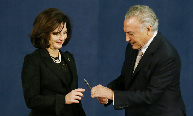 President Michel Temer is seen near new prosecutor general Raquel Dodge during her inauguration, in Brasilia