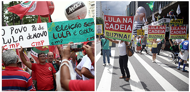 A la izquierda, manifestantes de los frentes Brasil Popular y Pueblo Sin Miedo, durante una protesta a favor del ex presidente Lula; a la derecha, integrantes de los movimientos anti-Lula Revoltados Online y MBL 