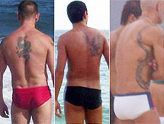 Em 500 metros de praia, com 15 barracas, homens exibem tatuagens e corpos sarados