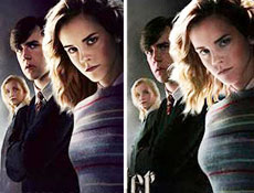 Cartaz à direita mostra "turbinada digital" no corpo da atriz adolescente de "Harry Potter"