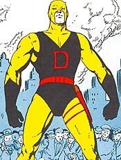 O Demolidor, em seu uniforme inicial, em amarelo e vermelho