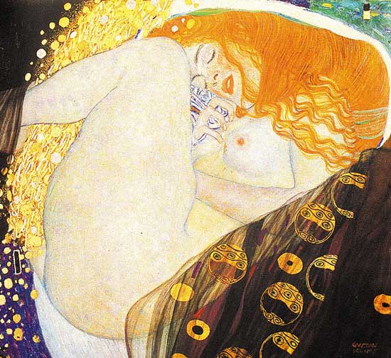 Obra de Gustave Klimt, de 1907, registra o mito grego de Danae, que, adormecida,  fecundada por Zeus