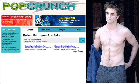 O ator Robert Pattinson durante as filmagens de "Lua Nova"; fonte disse  revista que msculos so fruto de maquiagem