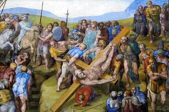 Michelangelo aparece no afresco Crucificao de So Pedro  esquerda do quadro, de turbante azul