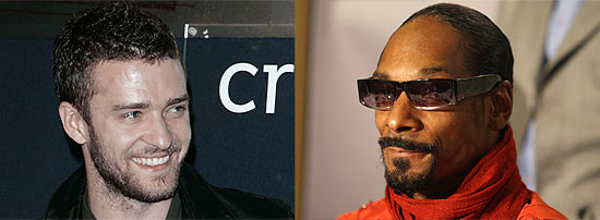 Montagem mostra o cantor Justin Timberlake e o rapper Snoop Doog; dupla pode estrelar musical nos cinemas