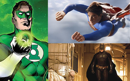 Os super-heróis Lantera Verde, Superman e Batman, da galeria de personagens da DC Entretainment