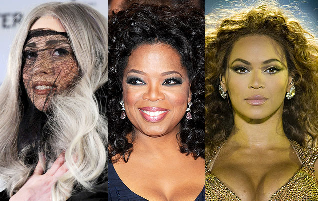 Lady Gaga, Oprah Winfrey e Beyoncé, que estão entre as cinco celebridades mais poderosas, segundo a Forbes