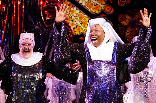 U.S. actress and producer Whoopi Goldberg, right, performs during a dress rehearsal, as she joins the theatre cast of Sister Act. Goldberg will appear in the show for a limited three-week run from Tuesday, Aug. 10, 2010. She'll be playing the role of Mother Superior, following in the footsteps of Maggie Smith and Sheila Hancock, at the London Palladium Theatre. (AP Photo/Joel Ryan)