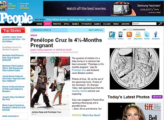 A atriz Penelope Cruz aparece com barriga de grvida em gravao de "Piratas do Caribe" ao lado de Johnny Depp