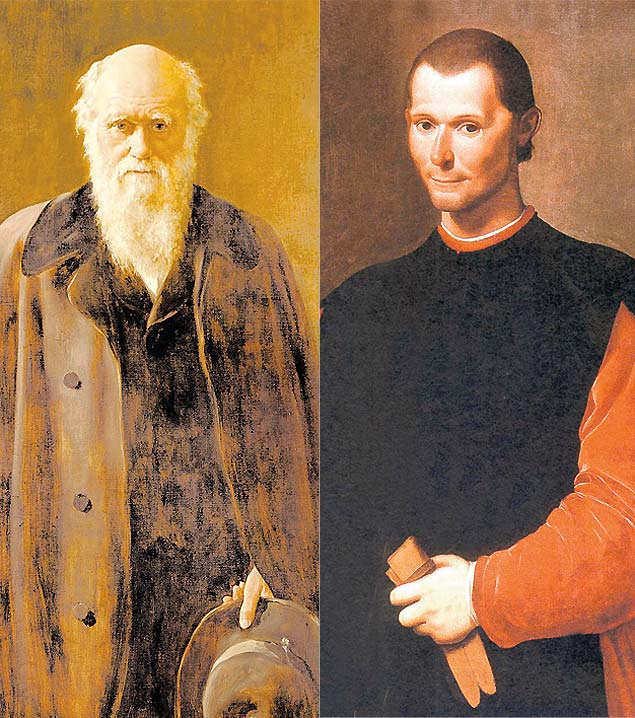 O naturalista britnico Charles Darwin (esq.) (1809-1882) e o italiano Nicolau Maquiavel (1469-1527), temas da coleo