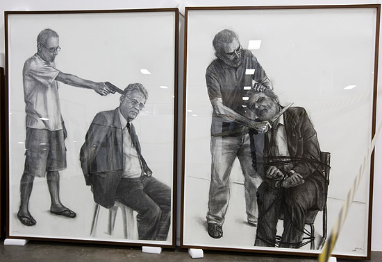 Obras do artista Gil Vicente, em que ele faz auto-retratos matando varios figurões da política, como Lula e Fernando Henrique Cardoso