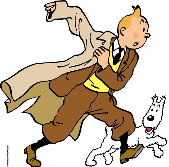 Ilustrao mostra o personagem de quadrinhos belga Tintin, com seu cachorro de confiana Milou
